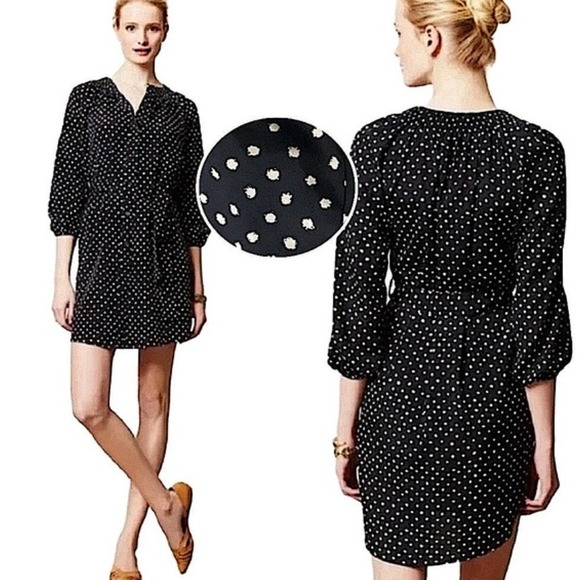 Maeve Anthropologie Polka Dot Mini Dress XS Petite Short Sleeve Navy - Picture 1 of 9